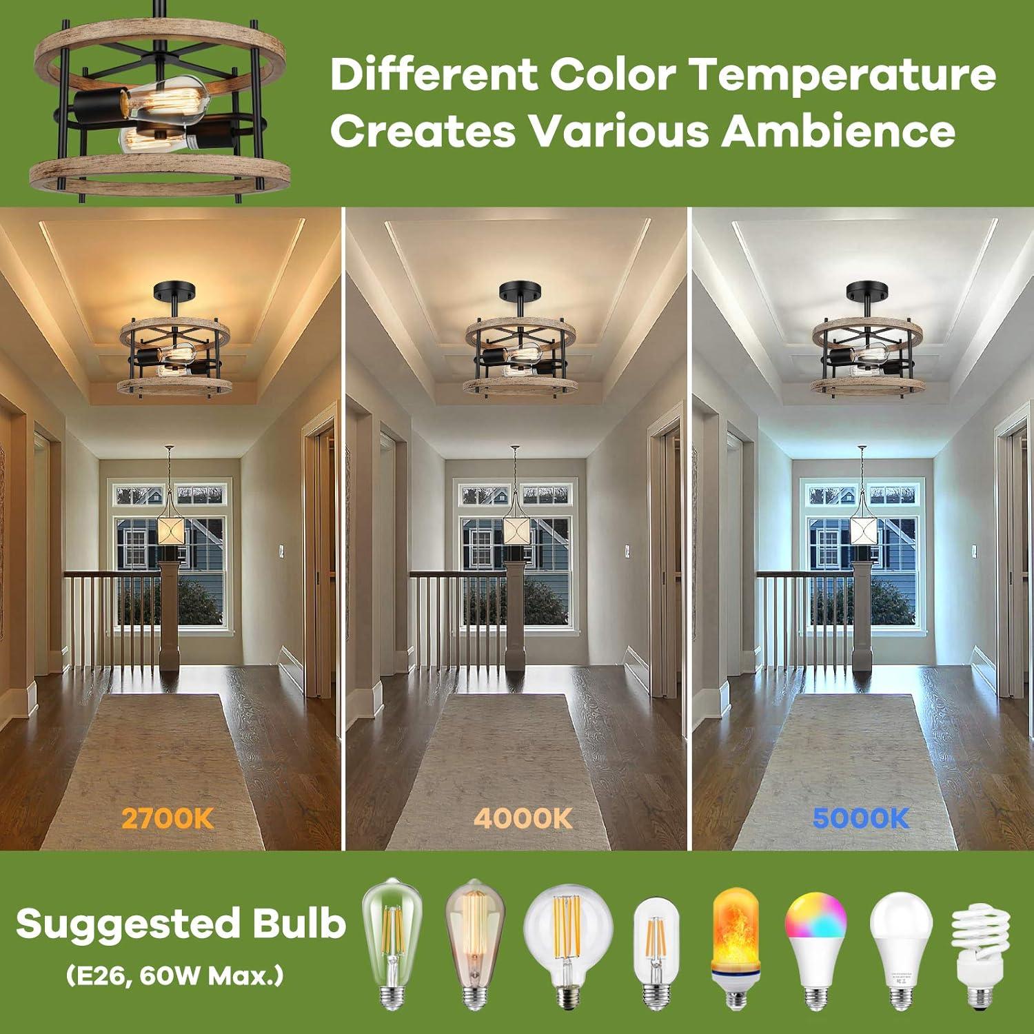 2-Light Rustic Wood Semi Flush Mount Ceiling Light, Vintage Industrial Farmhouse Lamp for Hallway, Bedroom