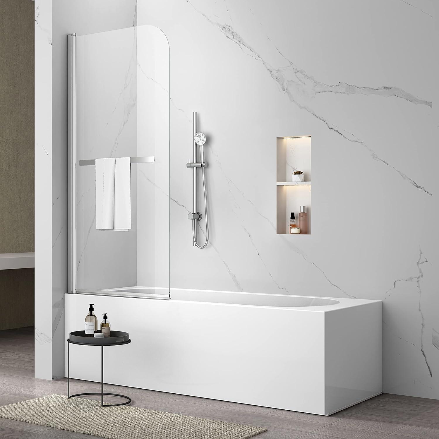 43" W x 58" H Frameless Glass Hinged Bathtub Shower Door with Clear Tempered Glass