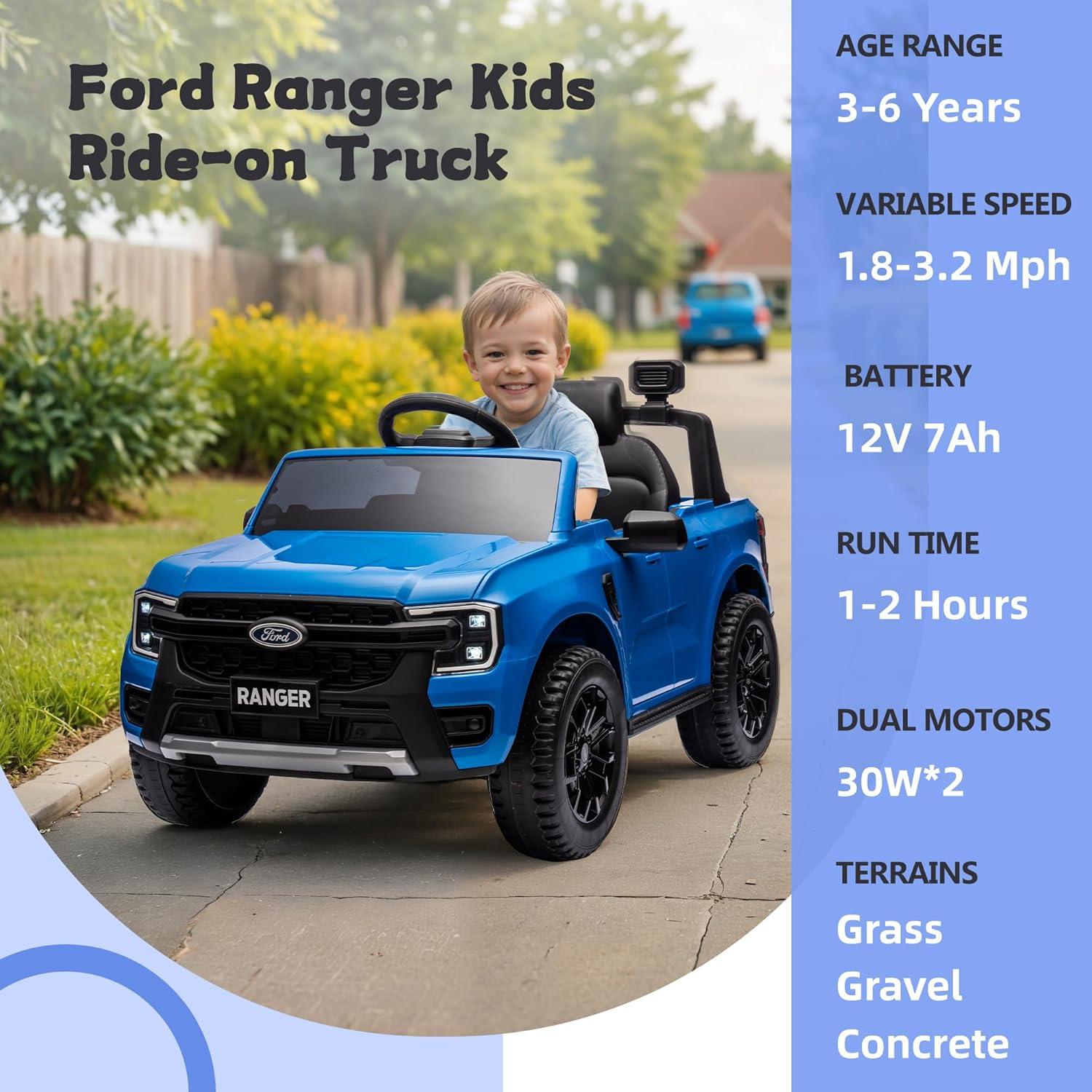 Ford Ranger Ride on Truck, 12V Powered Ride on Toy Cars with Remote Control, Bluetooth, MP3 Player, Safety Belt, LED Lights, Horn, Rear Wheels Drive Kids Electric Car for Boys Girls 3-6 Ages, Blue