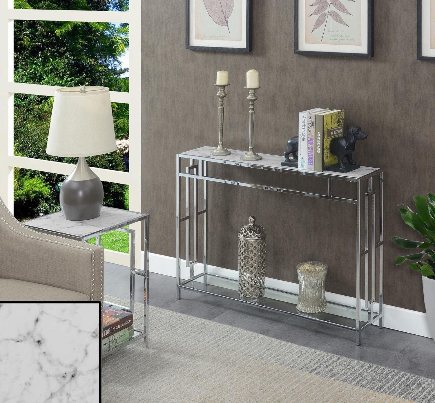 Convenience Concepts Town Square Chrome Console Table, Faux White Marble/Chrome Frame