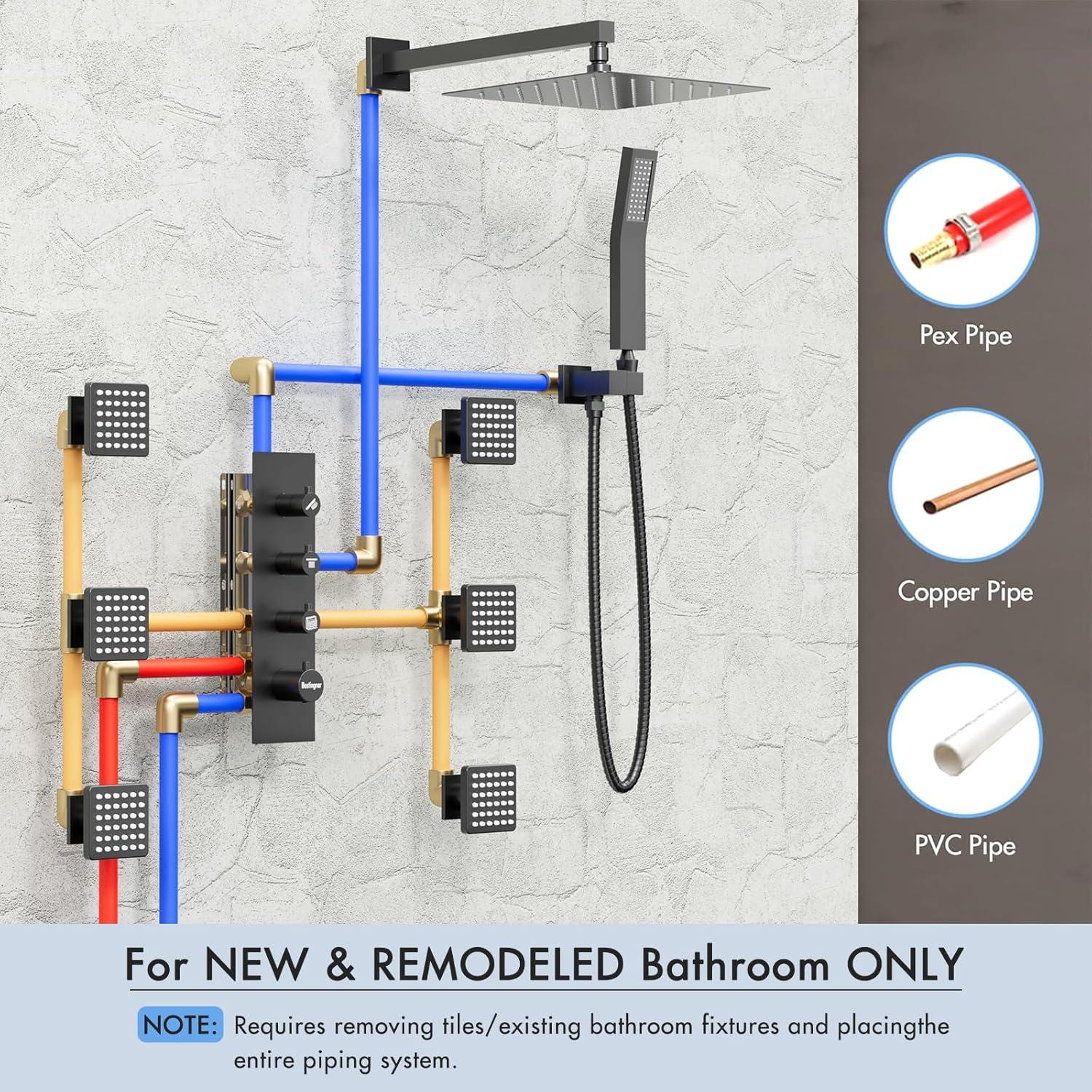 DualJetSpa 15-Spray Patterns 16" & 6" Dual Shower Head, Shower FaucetSystem with Thermostatic Rough-in Valve and Body Jets