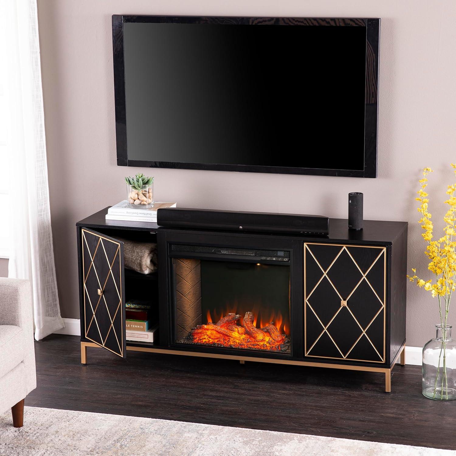 Black Electric Fireplace Media Console with Gold Accents