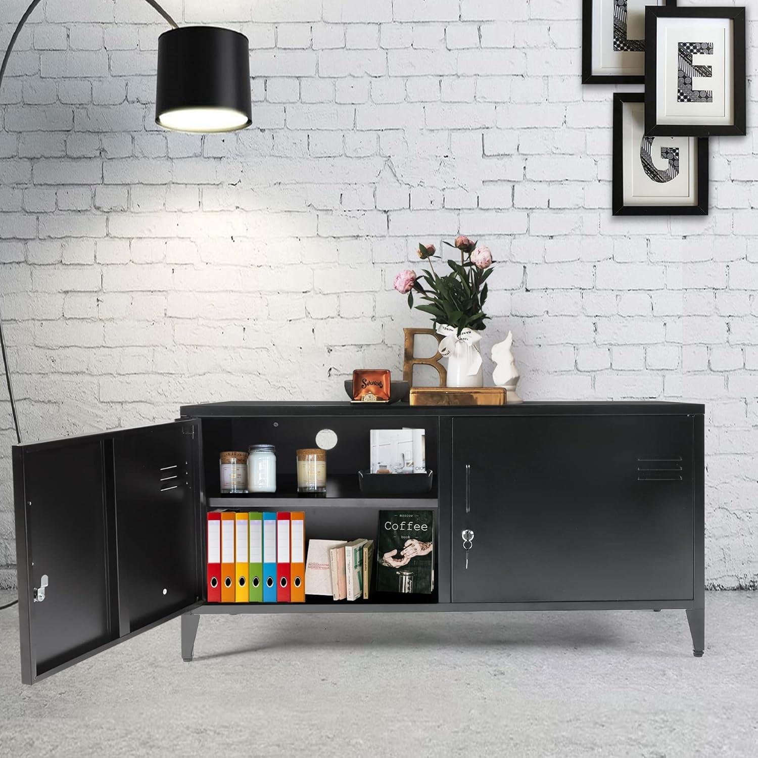 HOPUBUY Metal Storage Cabinet with Lock, Steel Locker Cabinet with Removable Shelves and 2 Locking Doors, Black Storage Cabinets for Home, Garage, Office, Bedroom