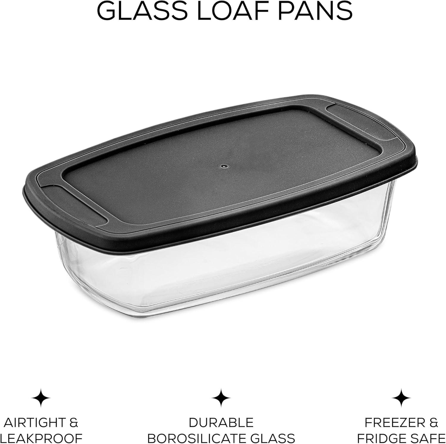 JoyJolt Glass Bakeware Containers for Loaf,  Bread, Cakes Pans Baking Containers with Lids - Set of 3 - Black