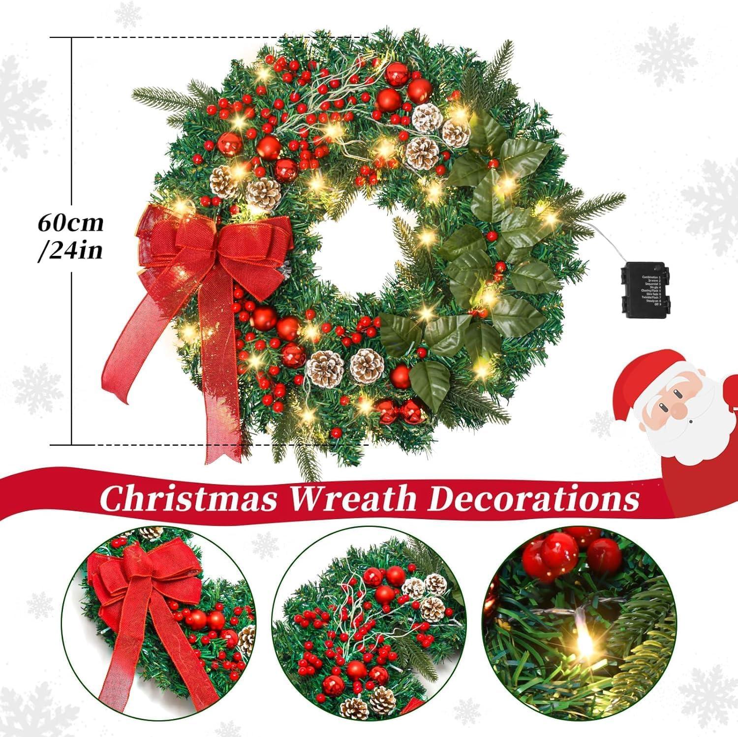 24in Prelit Christmas Wreath Battery Operated 50 Multicolored Lights with Pinecone and Red Berries, Lifelike Snow