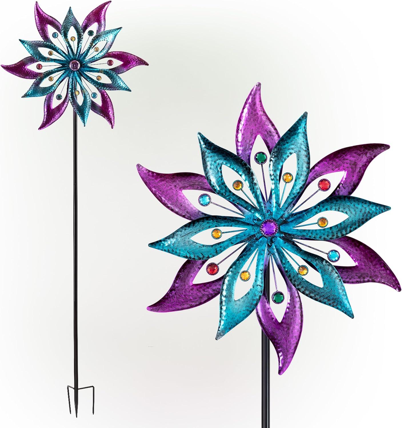 Purple and Aqua Floral Metal Wind Spinner Stake, 64"