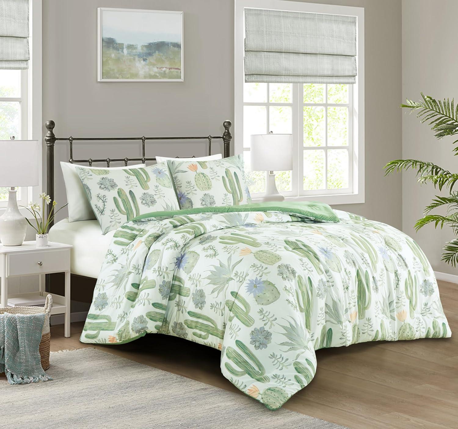 Chezmoi Collection Cereus 3-Piece Southwestern Serene Desert Comforter Set, Green Blue Cactus Succulent Plant Printed Washed Microfiber Bedding, Full