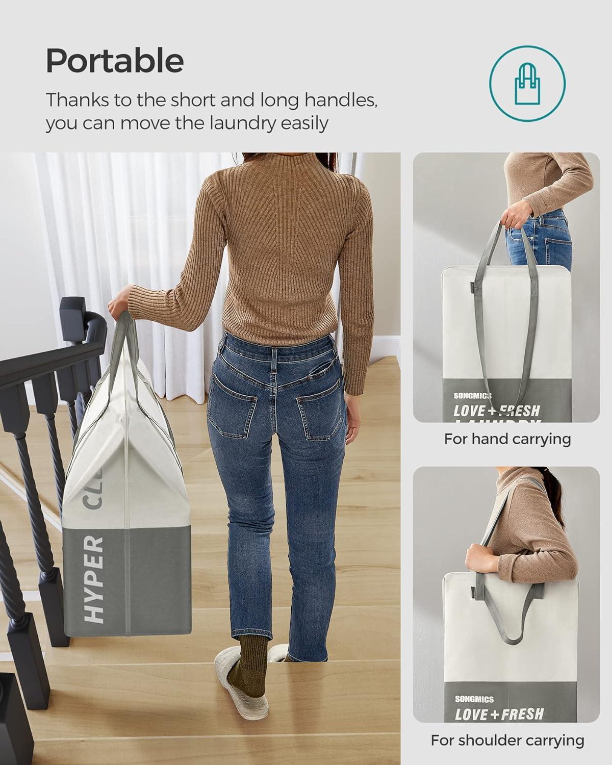 SONGMICS Laundry Baskets, Laundry Hamper with 2 Compartments, 23.8 Gallon (90L) Set of 2 Collapsible Water-Repellent Clothes Hampers, Tall Laundry Bag for Bedroom Bathroom, Light Gray ULCB209G12