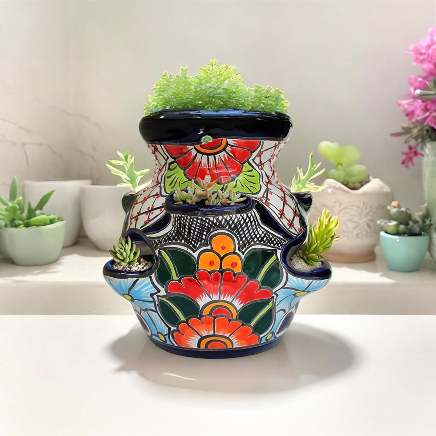 Talavera Sky Blue Ceramic Round Flower Planter with Drainage Holes