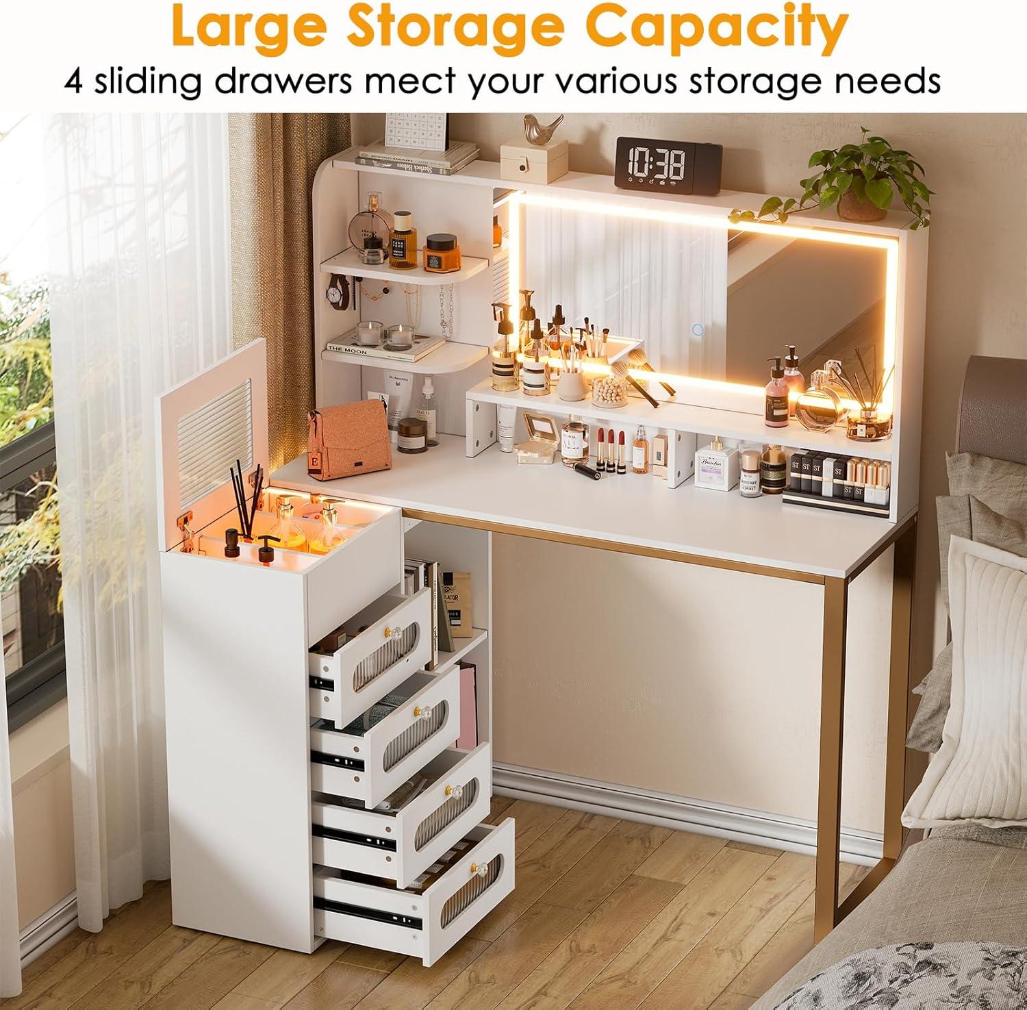 PAKASEPT Vanity Set with Lighted Mirror, Vanity Desk Makeup Vanity with 3-Color Adjustable Touch Light, 5 Drawers, Storage Shelves,Large Bedroom Vanitys for Women Girls