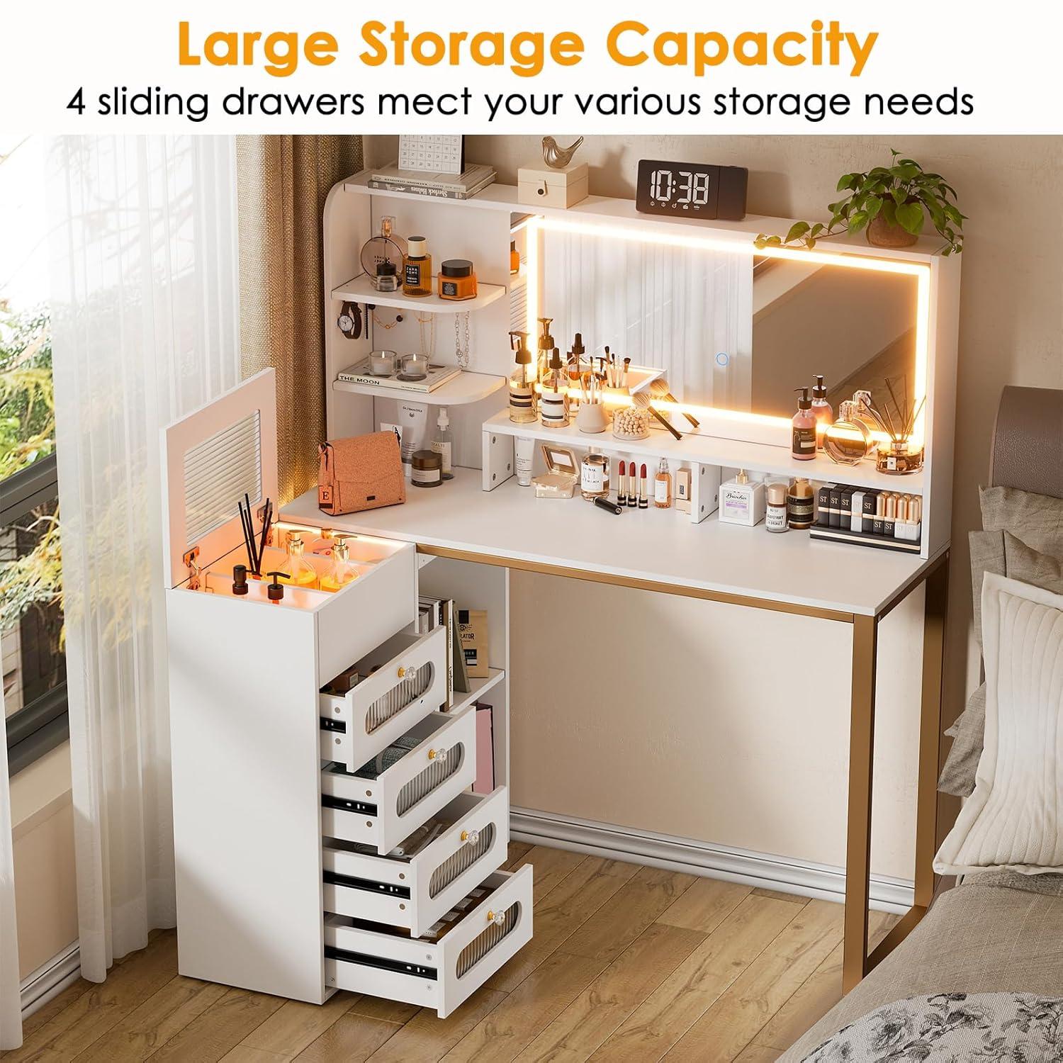 PAKASEPT Vanity Set with Lighted Mirror, Vanity Desk Makeup Vanity with 3-Color Adjustable Touch Light, 5 Drawers, Storage Shelves,Large Bedroom Vanitys for Women Girls