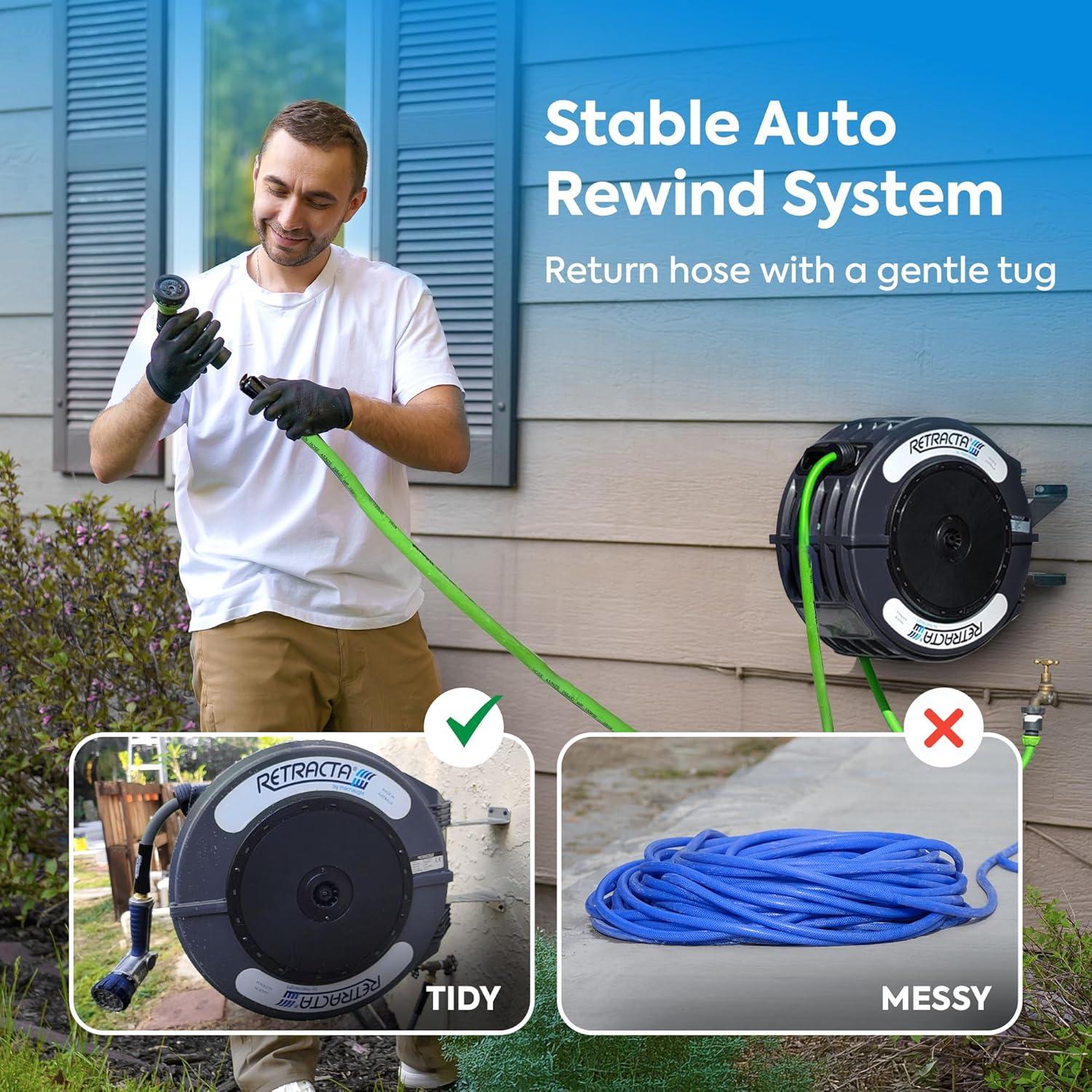 Macnaught Retractable Garden Hose Reel, 82 Ft Water Hose Reel Heavy Duty Retractable Hose with Metal 180° Swivel Rotation Bracket for Wall Mount - Beige