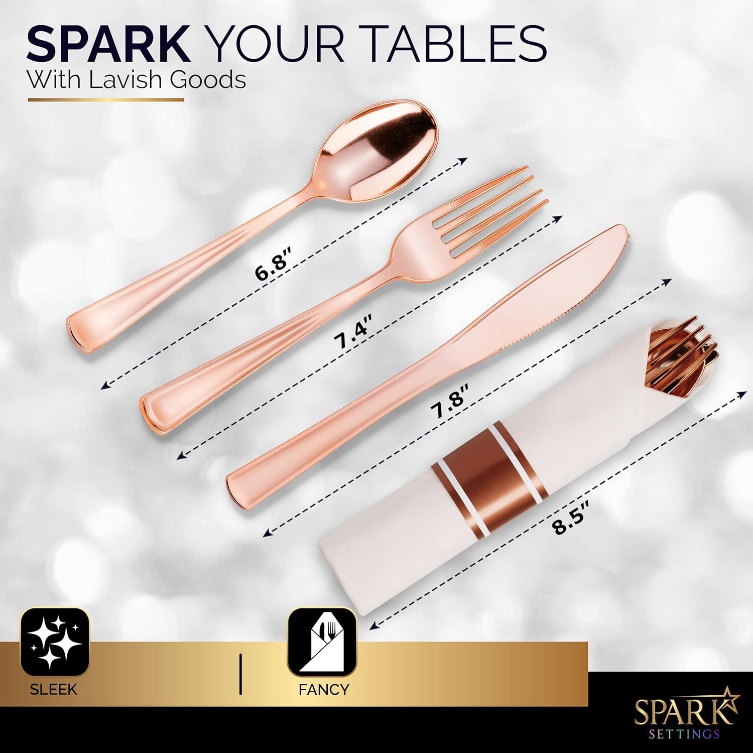 SparkSettings Rose Gold Plastic Silverware, 50 Pre Rolled Napkin and Cutlery Set
