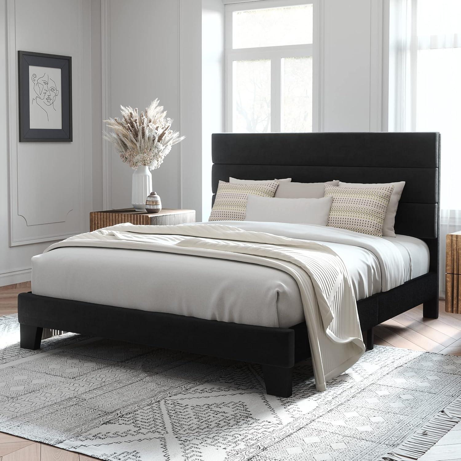 Black Velvet Upholstered Queen Platform Bed with Wooden Slats