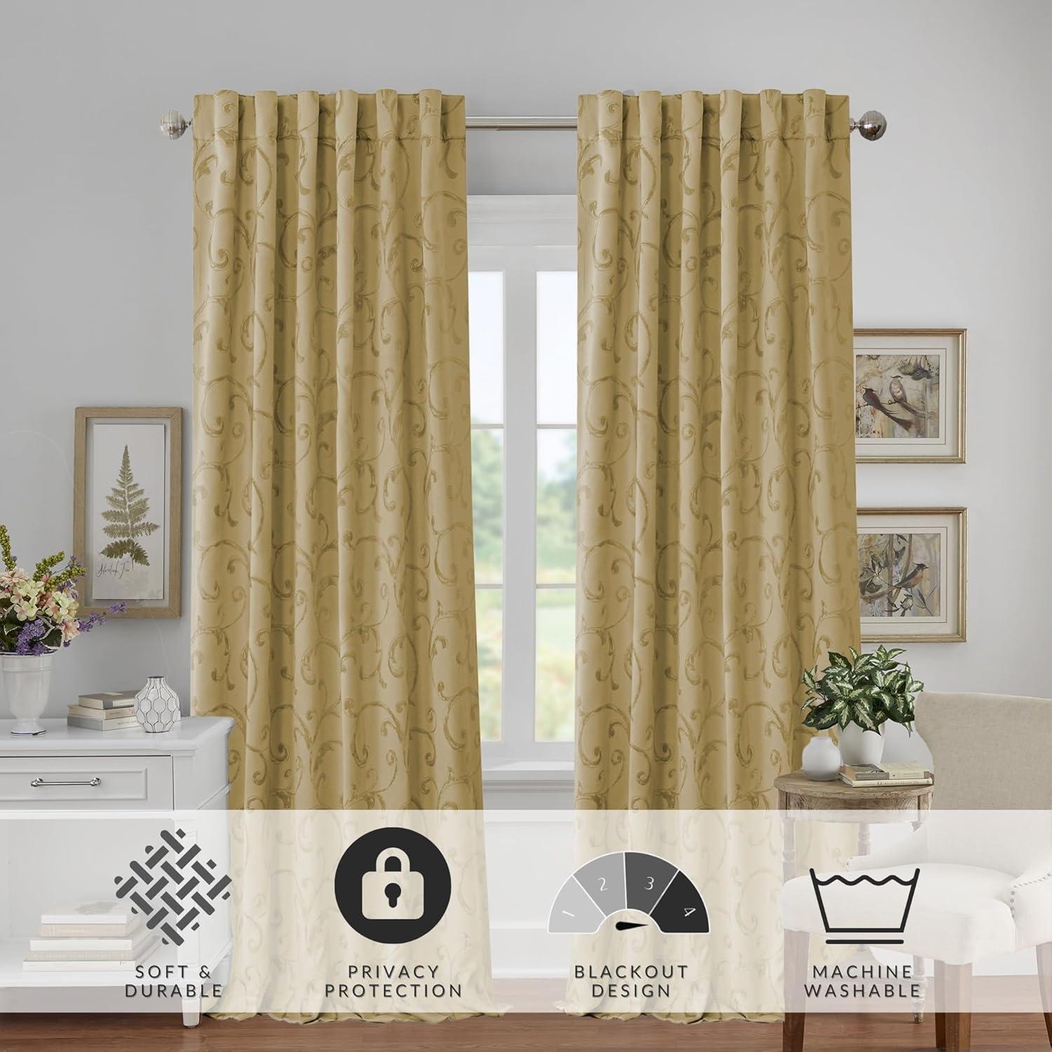 Mia Jacquard Scroll Blackout Window Curtain Panel - 52" x 95" - Gold - Elrene Home Fashions