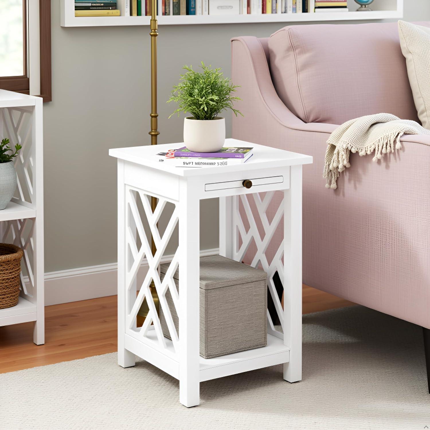 Alaterre Furniture Coventry Wood End Table with Tray and Bottom Shelf, Modern Accent Furniture, White