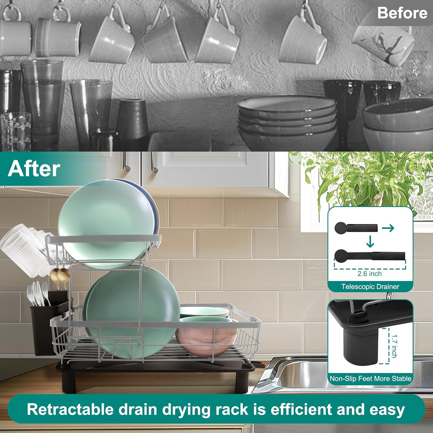 Fabhob Dish Drying Rack for Kitchen Counter,Space-Saving Dish Rack with Drainboard