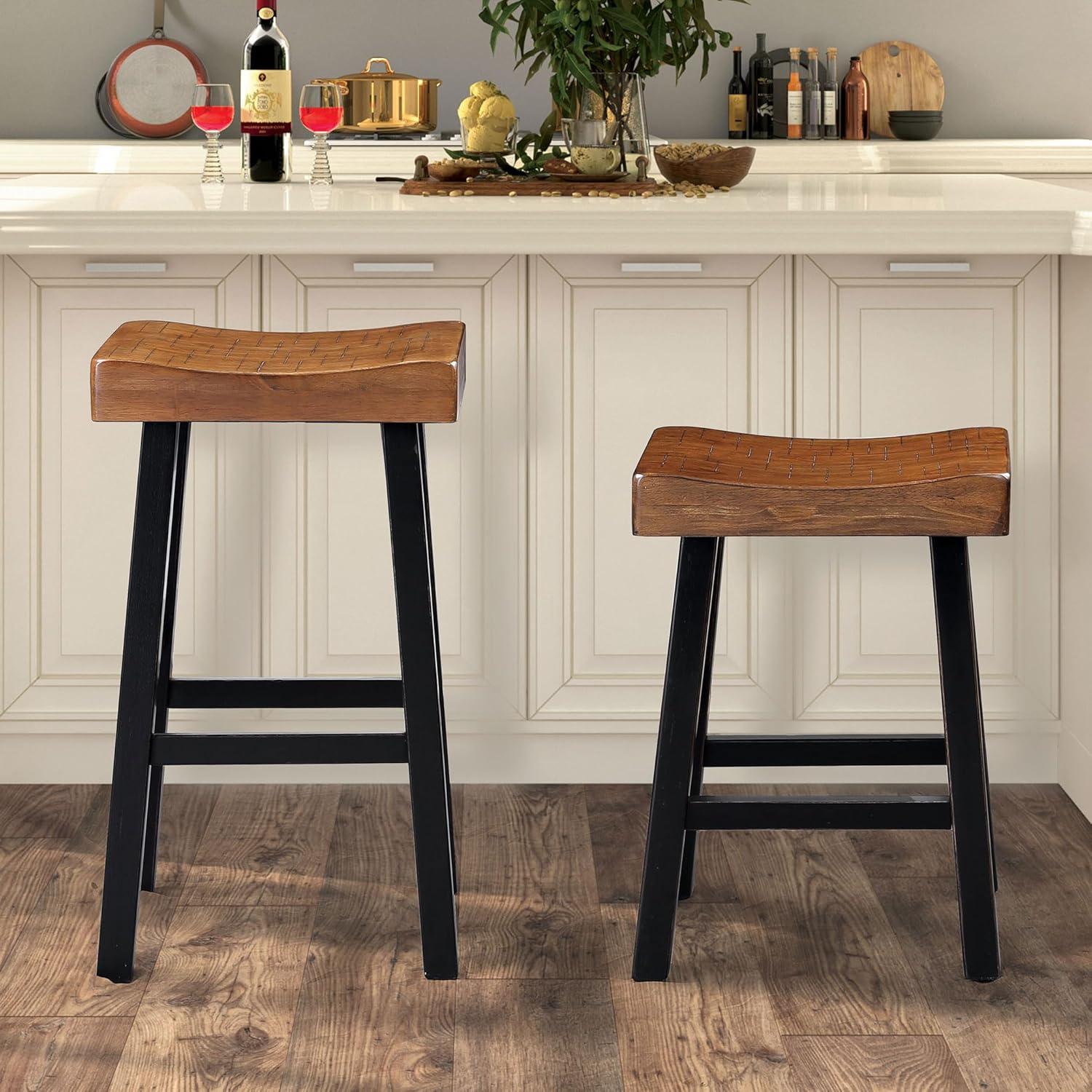 Oak and Black 24" Backless Saddle Style Bar Stool