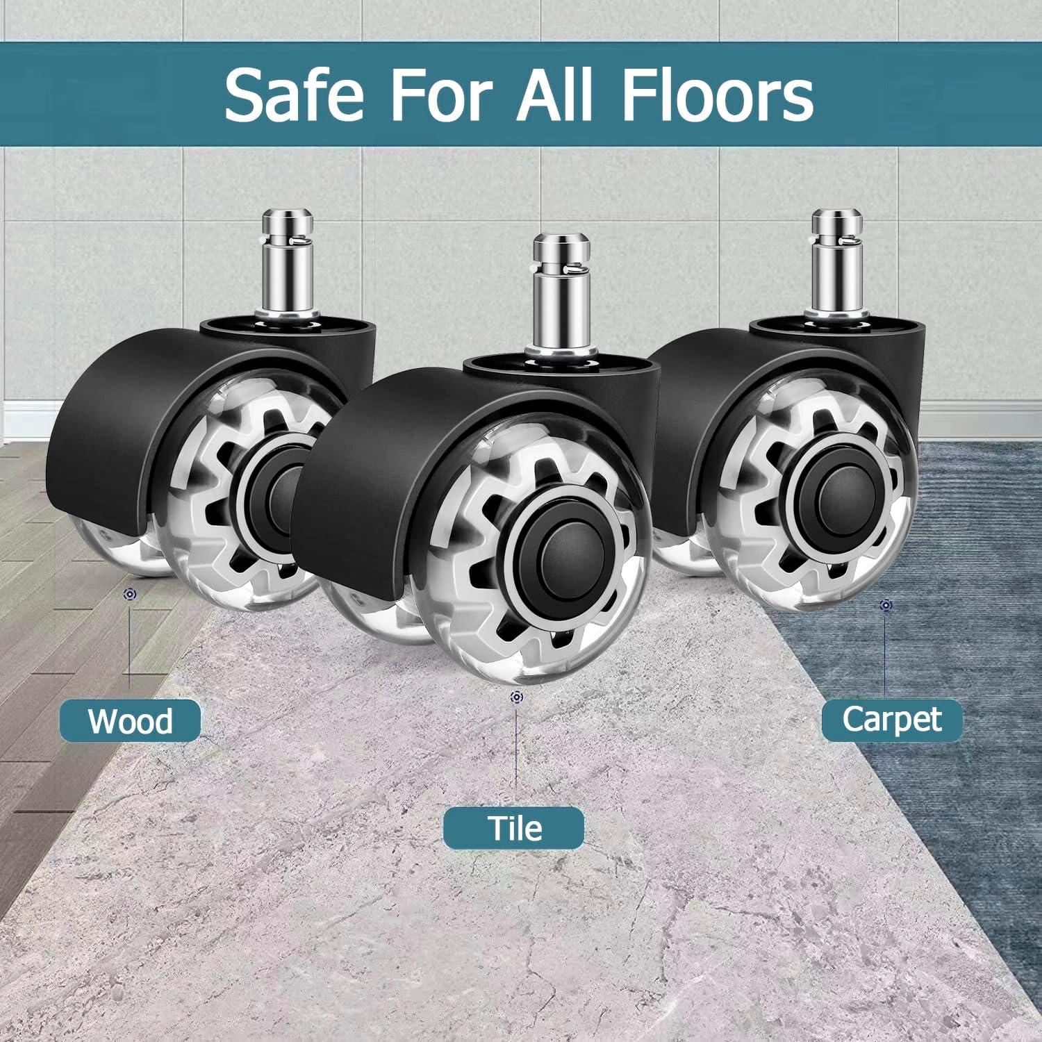 Office Chair Caster Wheels 2" Dual Wheels Set of 5 for Tile and Hardwood Floors, Universal Fit for Most Chairs (Transparent)