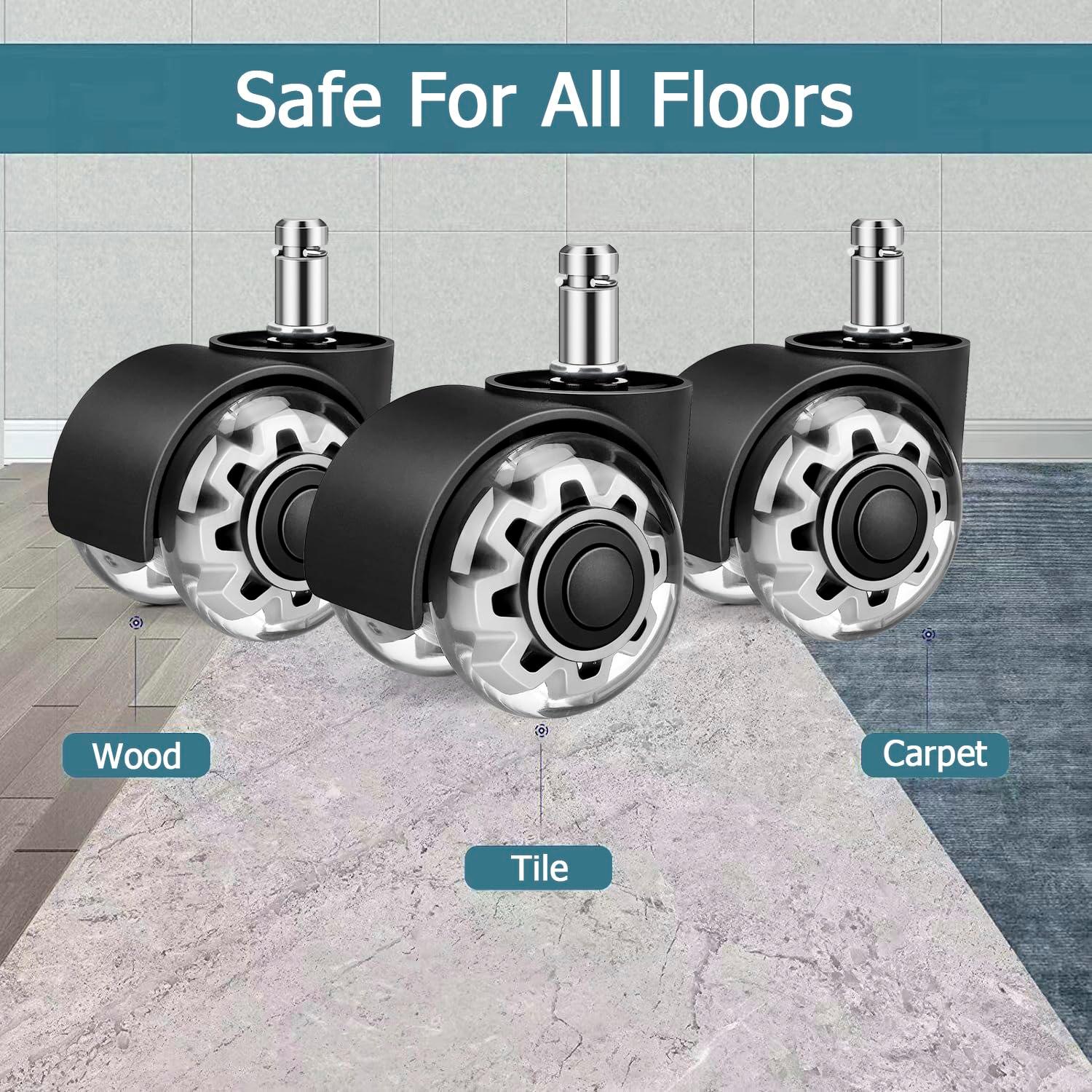 Office Chair Caster Wheels 2" Dual Wheels Set of 5 for Tile and Hardwood Floors, Universal Fit for Most Chairs (Transparent)