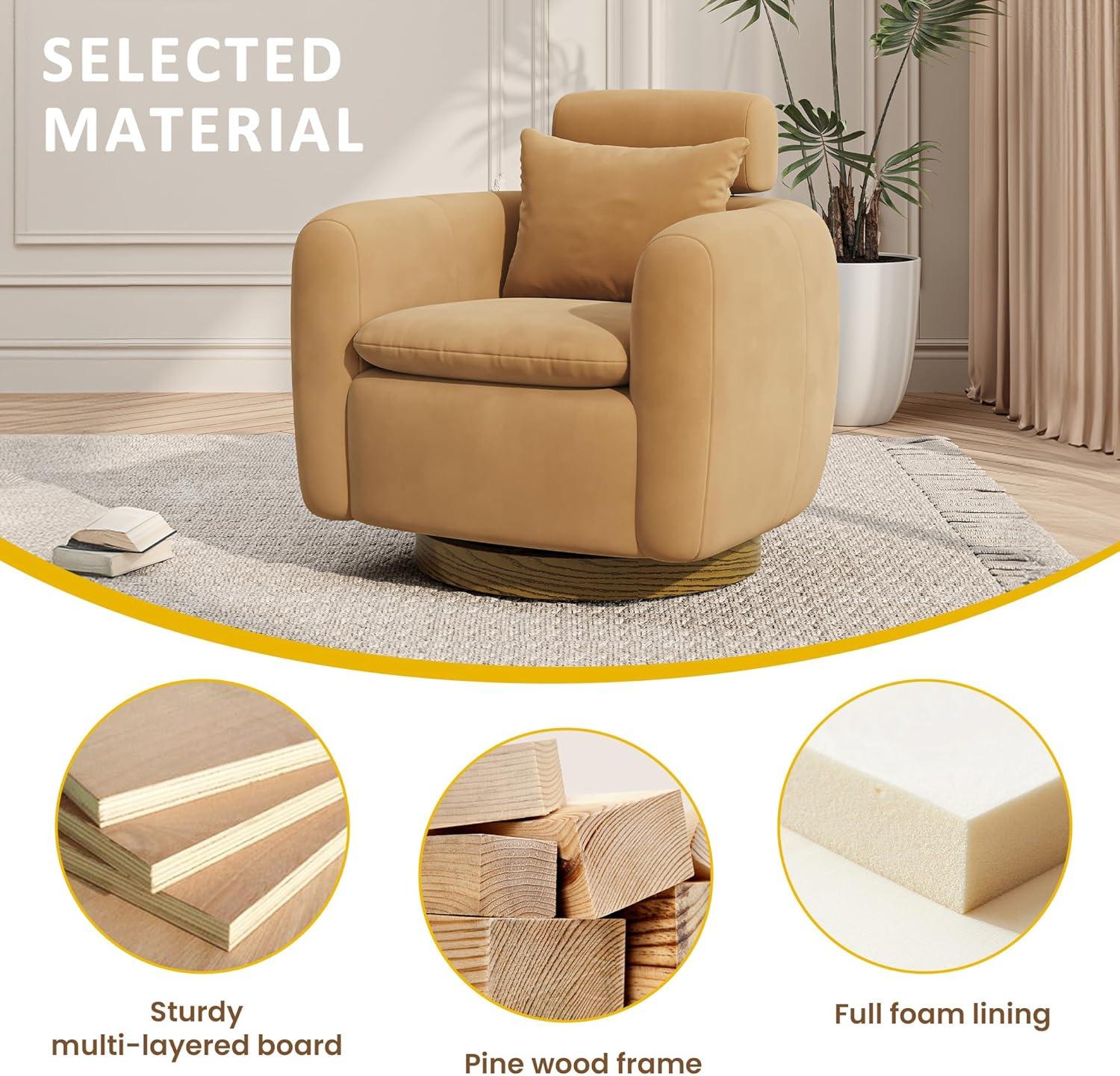 Oversized Camel Brown Velvet Swivel Barrel Accent Chair