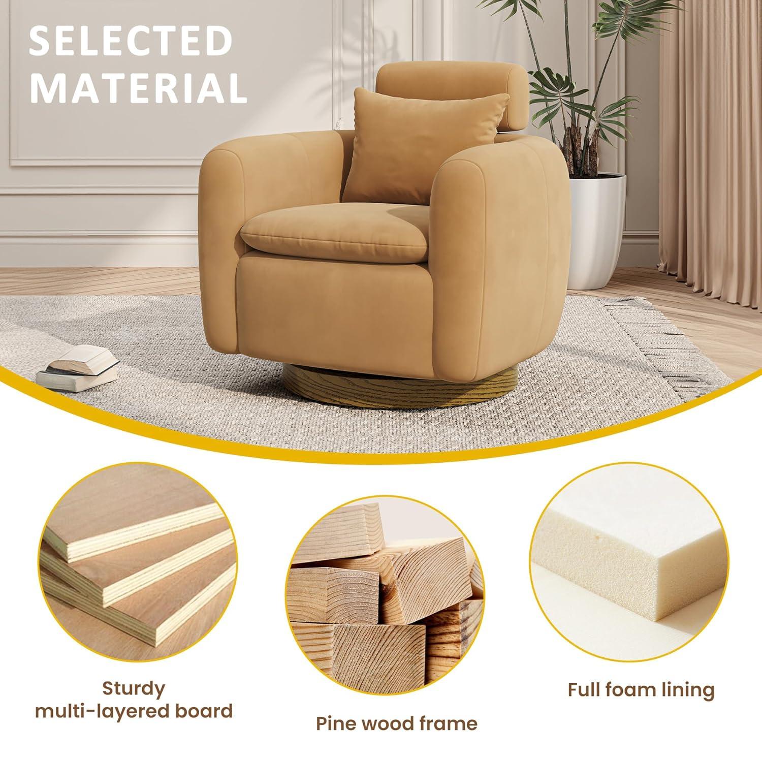 Oversized Camel Brown Velvet Swivel Barrel Accent Chair