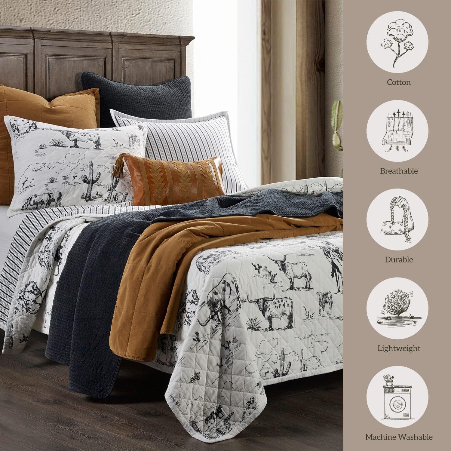 Paseo Road Ranch Life 2 Piece Longhorn Cow Reversible Cotton Quilt Set, Western Bedding, Twin