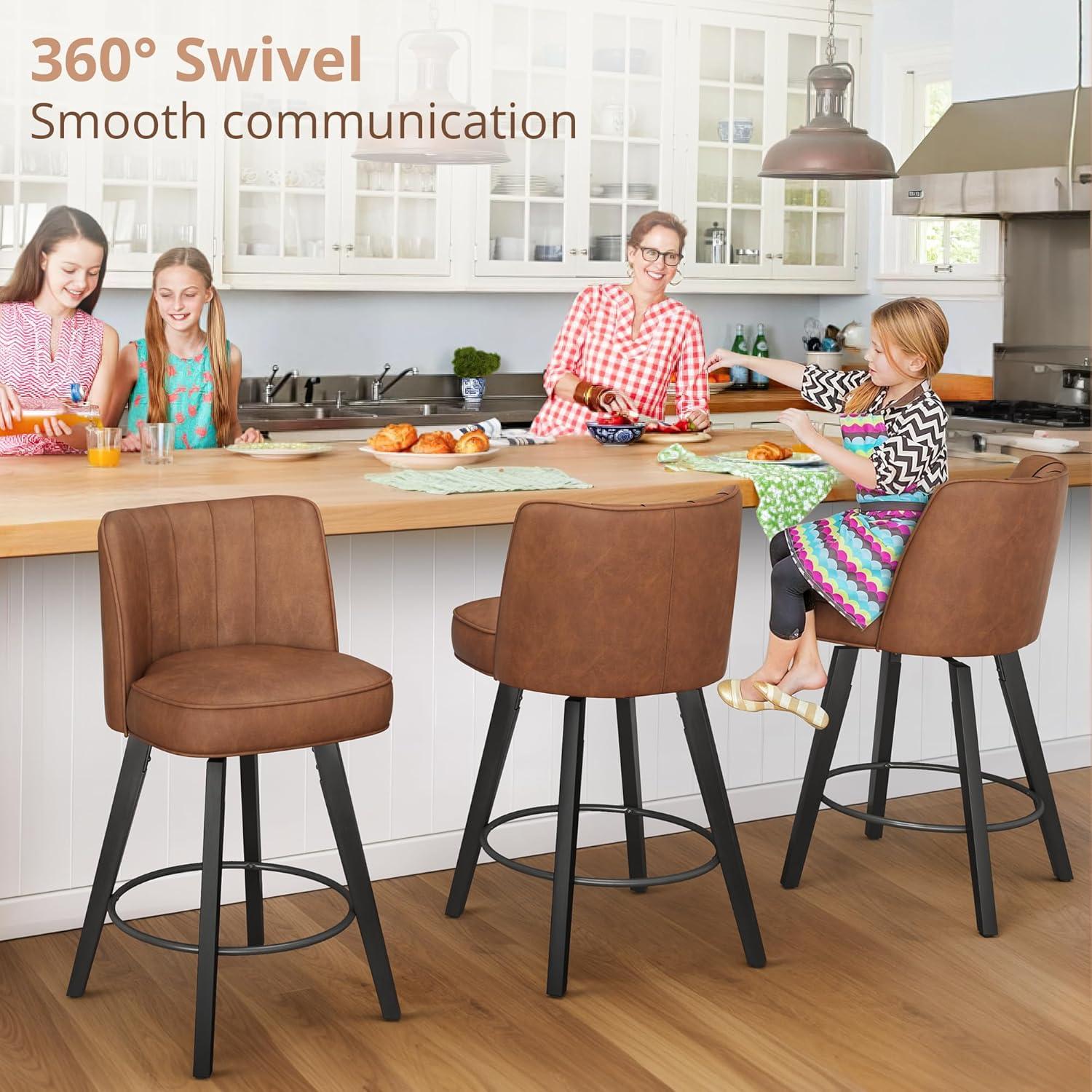 LUE BONA 360-degree Swivel Bar Stools Set of 3, 26" Counter Height Bar Stools with High Back and Wood Legs, Morden Faux Leather Upholstered Barstools for Kitchen Counter