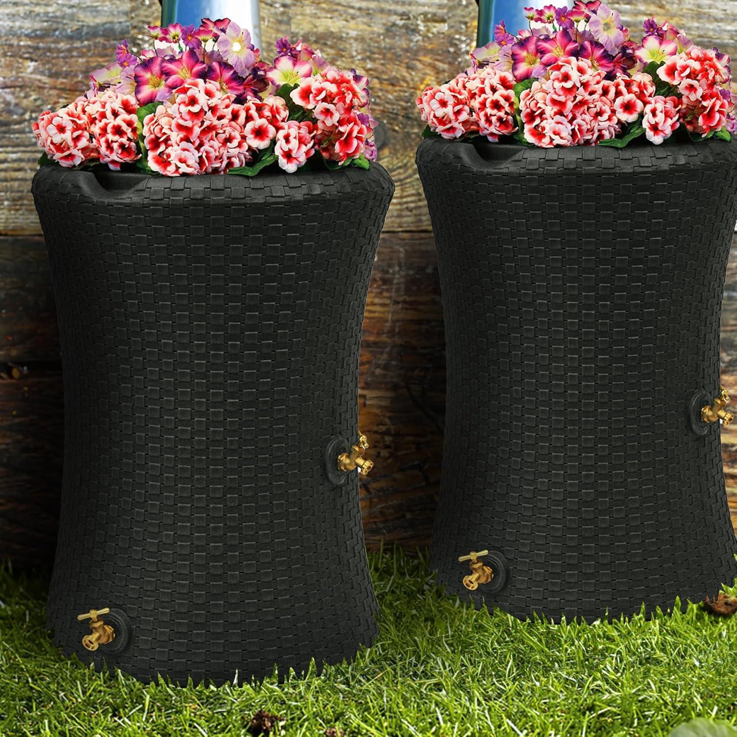 Good Ideas Impressions 50 Gallon Nantucket Outdoor Home Rain Barrel Water Storage Collector with Garden Planter and Brass Spigot, Black (2 Pack)