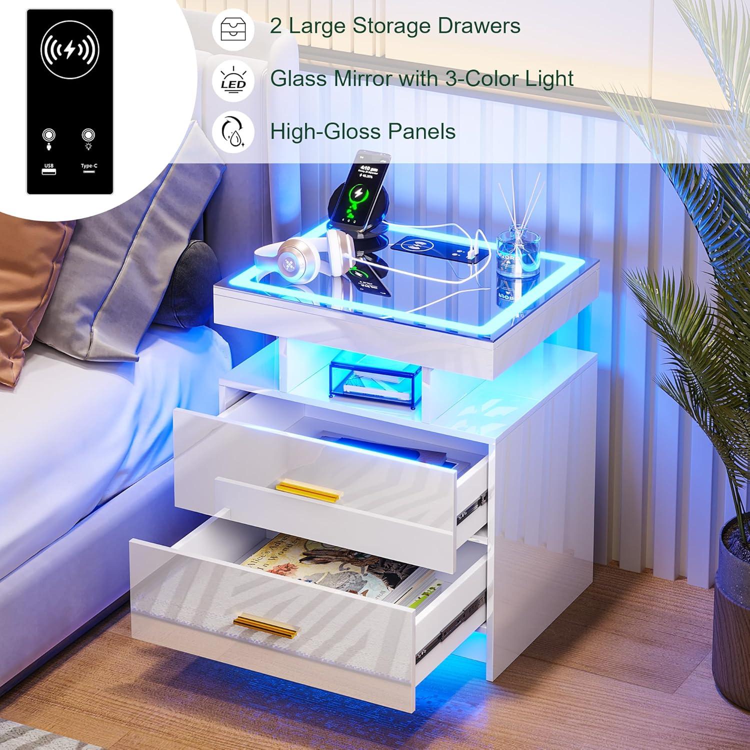 HNEBC Smart LED Nightstand with Wireless Charging & USB Ports, High Glossy Night Stand with 3 Drawers and 1 Pull-Out Tray, Modern Bedside Table with Human Sensor for Bedroom (White)