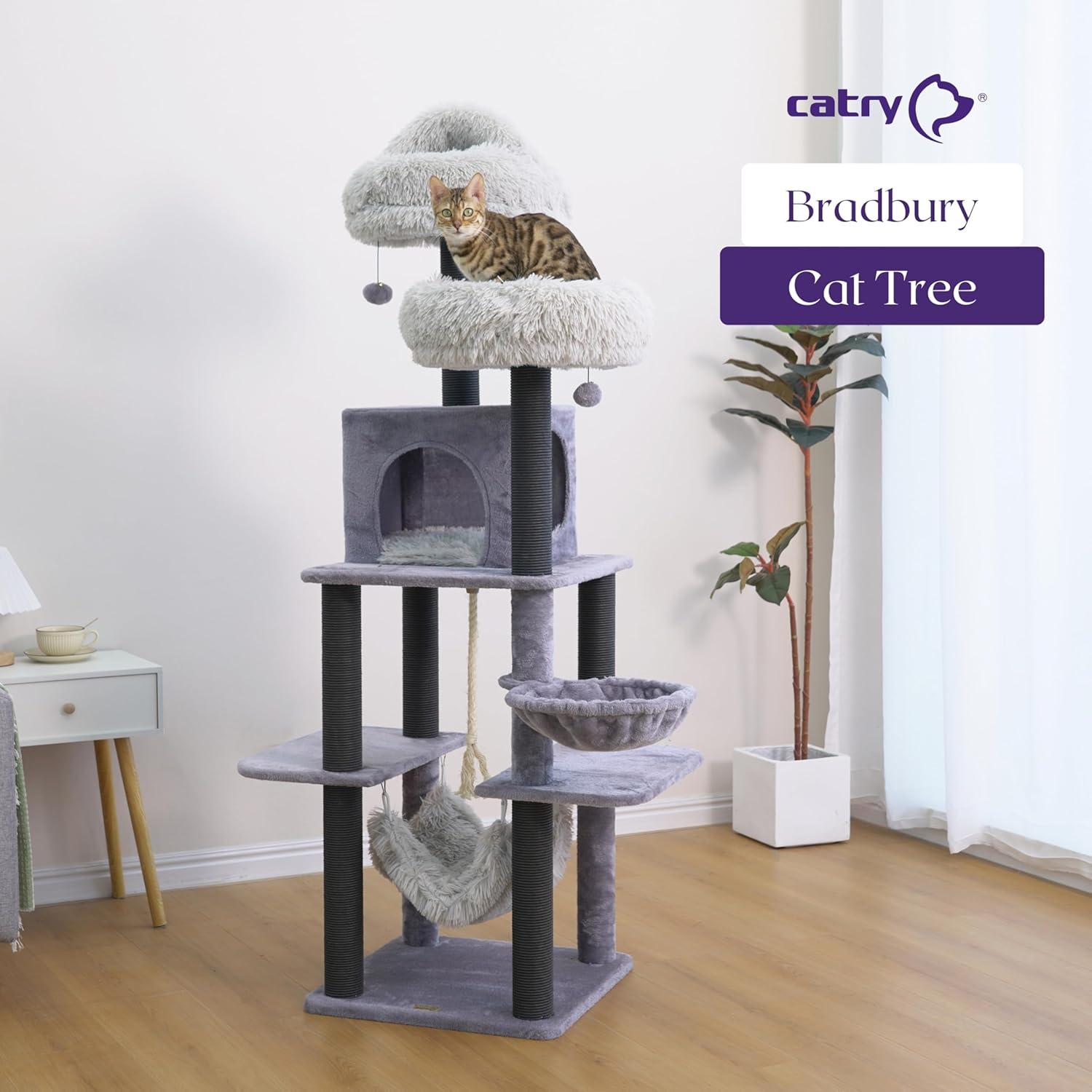 Catry Bradbury 7-Level 62.5” Modern Cat Tree with Replaceable Scratching Posts,Big Condo,Two Washable Beds, Two Hammocks,Quick Assembly, for Multi-Cat Homes(Cloud Gray)