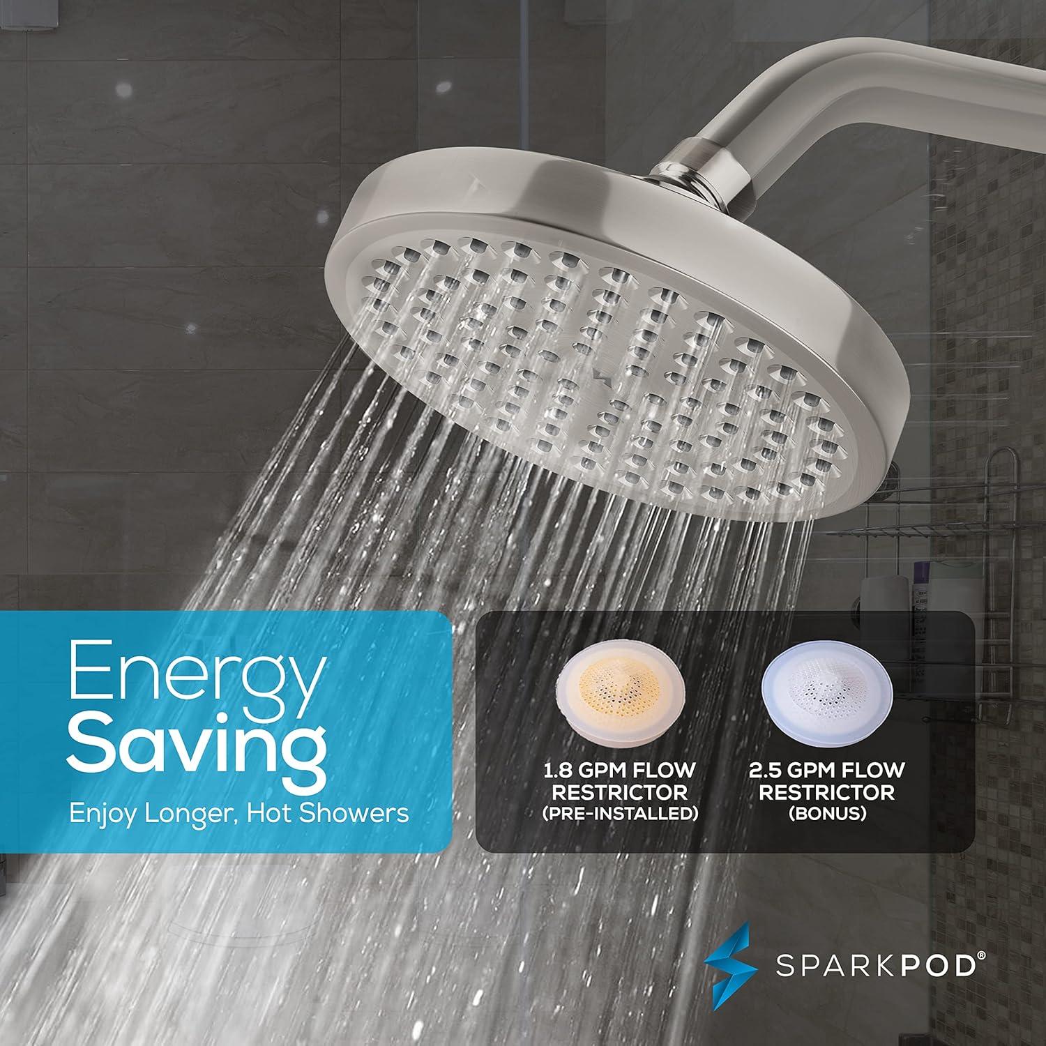 SparkPod 6" Rain Shower Head with 6" Shower Arm - High Pressure Rain - Luxury Modern Look - No Hassle Tool-less 1-Min Installation - Water Saving Shower Head - Luxury Spa Experience (Egyptian Gold)