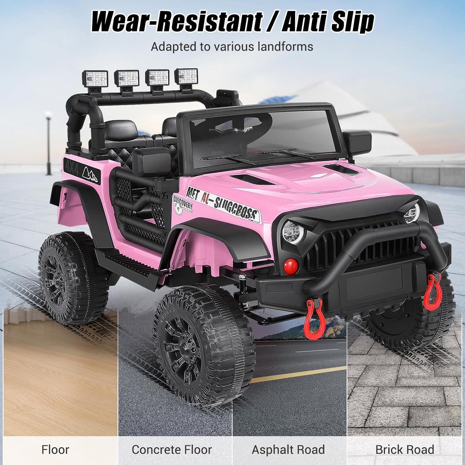 Kids Electric Cars Ride on Jeeps, 12V Ride On Car Truck with Remote Control, Battery Power Car Wheels w/Bluetooth, Music, 3 Speeds, Suspension, Electric Vehicles Toys for Girls, Pink