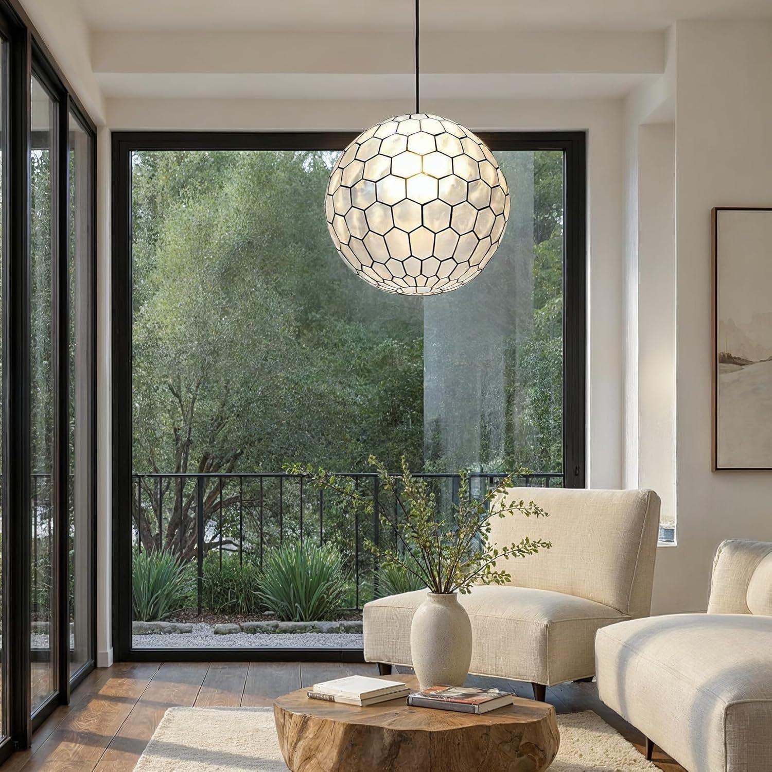 Storied Home 20"x19" Capiz Honeycomb Globe Pendant Light: ETL Listed, UL Certified, Metal Body