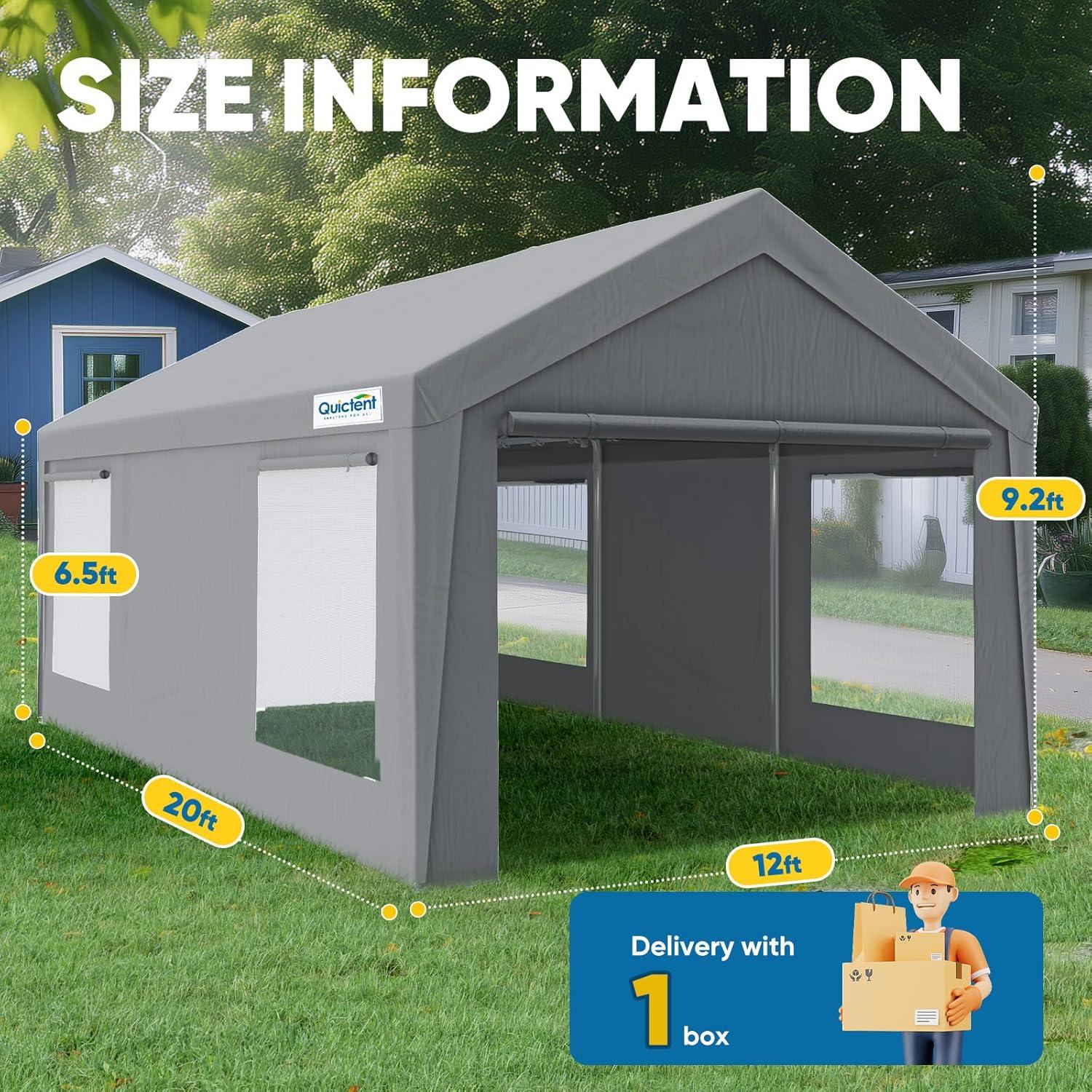Quictent 10x20 ft Heavy Duty Carport Canopy Galvanized Car Tent Outdoor Garage Boat Shelter with Reinforced Structure, No Sidewall - White
