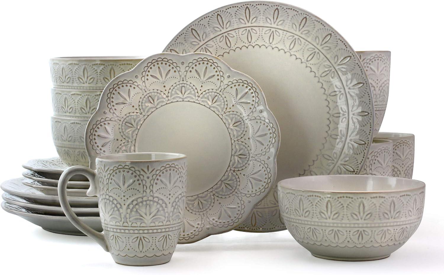 White Embossed Lace 16-Piece Ceramic Dinnerware Set