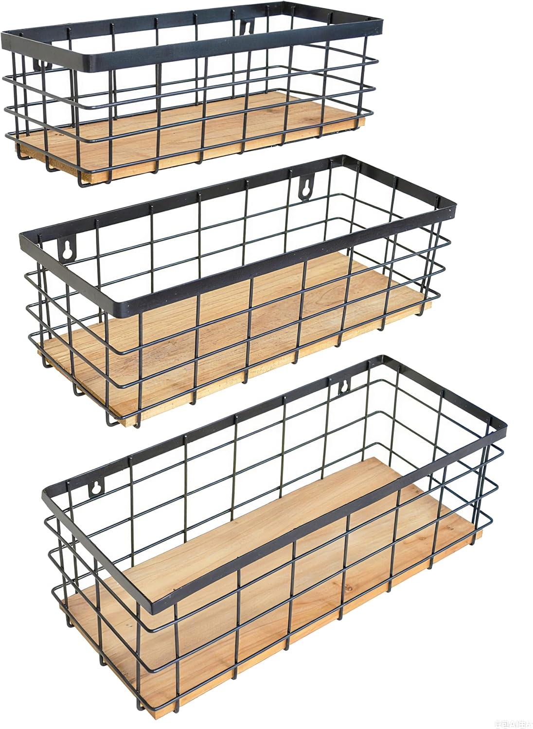 Metal Wire Basket Detachable Wood Base Storage Organizer Farmhouse Small Bins for Kitchen Cabinets, Bathroom, Pantry, Laundry Room, Closets Set of 2,Black Color