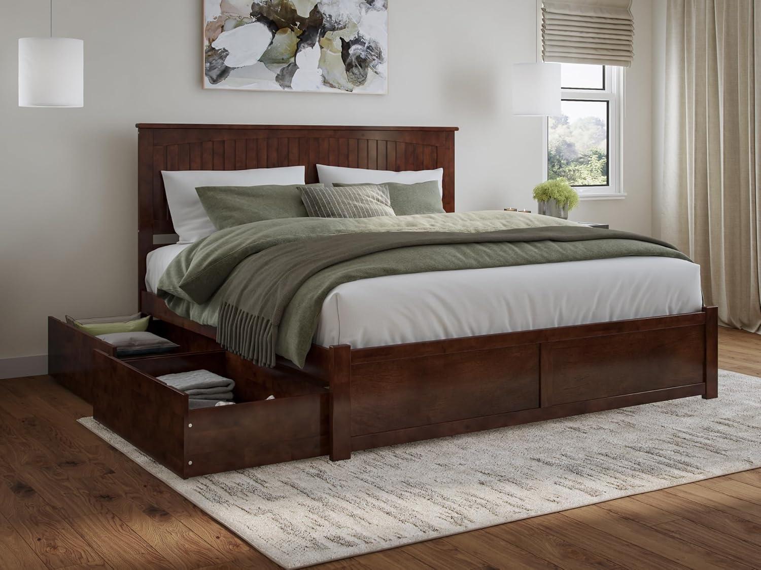 AFI Nantucket King Wood Platform Bed with Footboard and Storage Drawers, Walnut