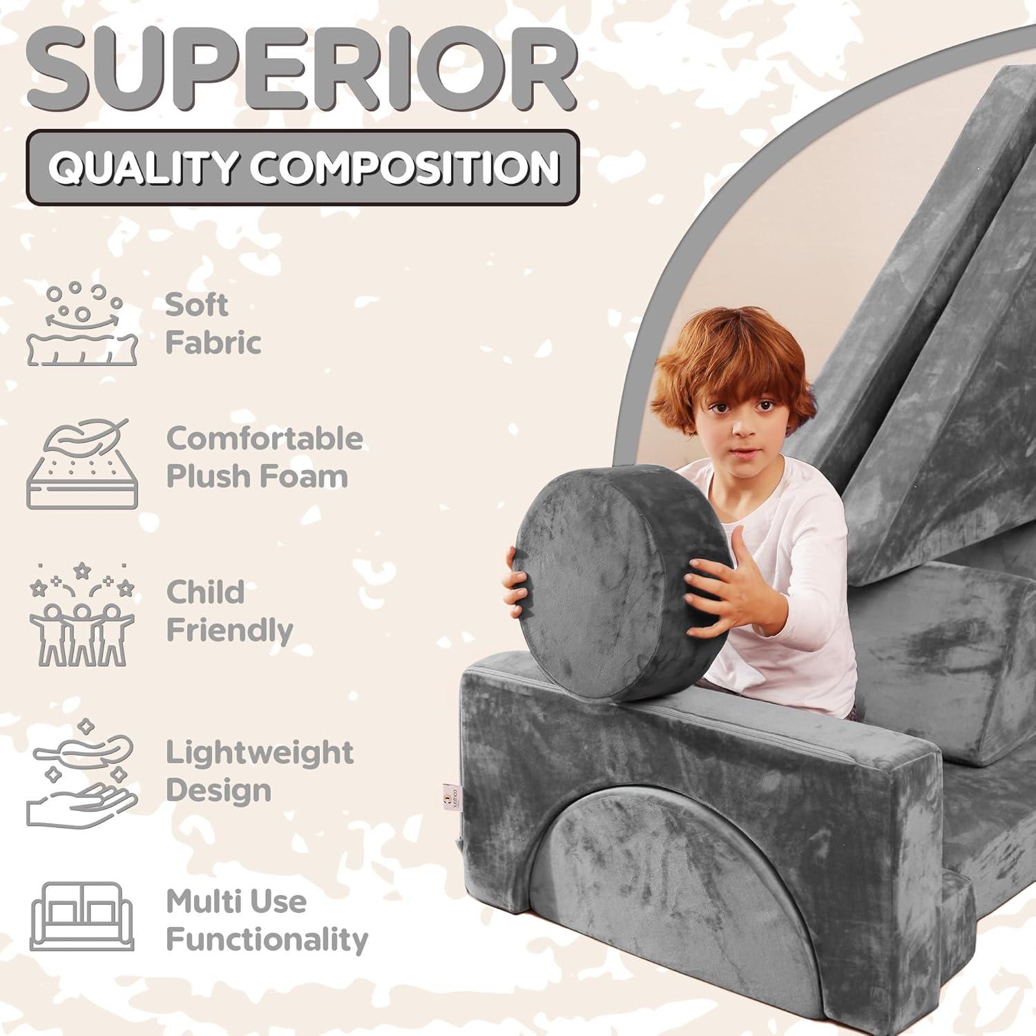 Contour Comfort Kids Couch 14 PC Modular Kids Play Set – Convertible Kids Sofa with Soft Foam Cushions | Kids Fort Couch, Kid Play Room Furniture-Grey