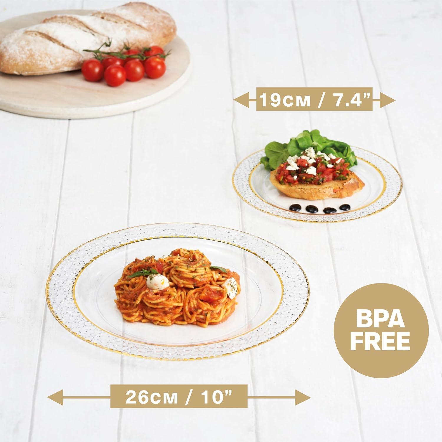 MATANA 40 Clear Plastic Party Plates with Hammered Gold Rim - 20 Dinner Plates 10.25 Inch + 20 Salad Dessert Appetizer Plates 7.5 Inch, Heavy Duty, Reusable for Parties, Wedding
