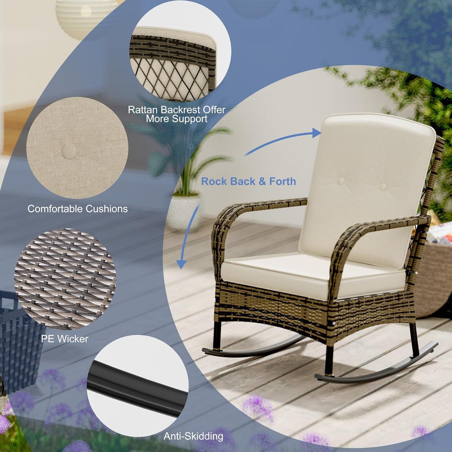 3 Pieces Patio Conversation Set, Outdoor Rocking Chair, Wicker Bistro Set, Outdoor Furniture with Porch Chairs and Coffee Table for Deck Garden Poolside, Beige