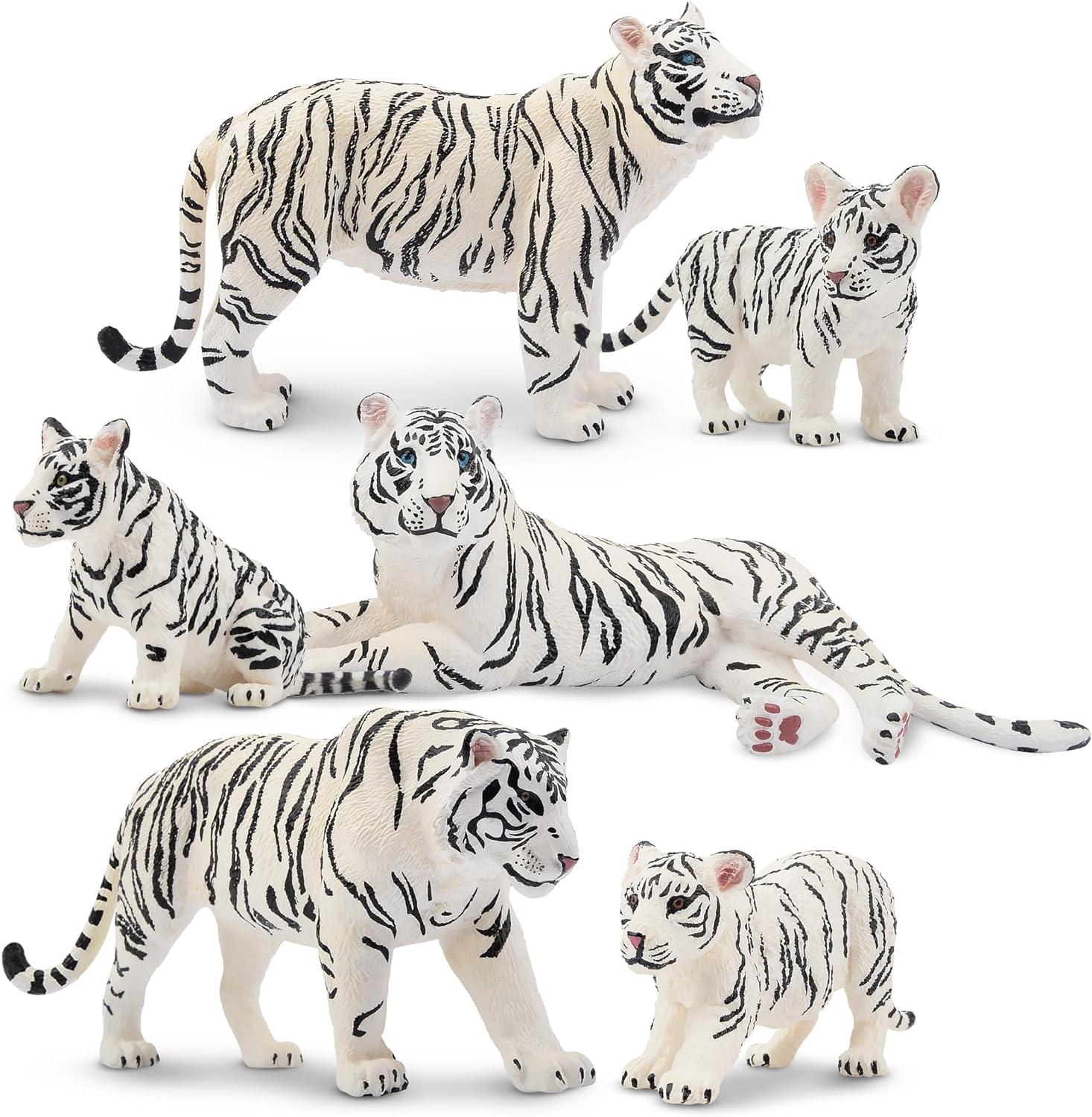 Toymany 6PCS Realistic White Tigers Figurines with Tiger Cubs, 2-6" Jungle Animals Figures Family Set Includes Baby Tigers, Educational Toy Cake Toppers Christmas Birthday Gift for Kids Toddlers
