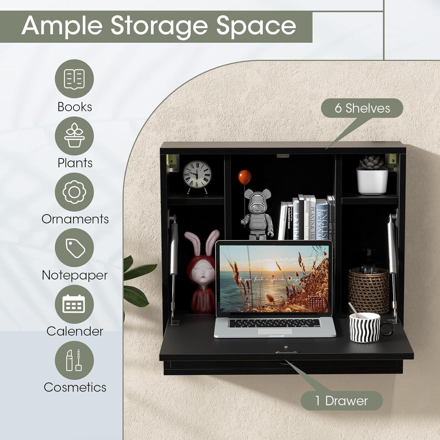 Tangkula Folding Wall Table - Floating Desk with Storage Drawer & Shelves (White)