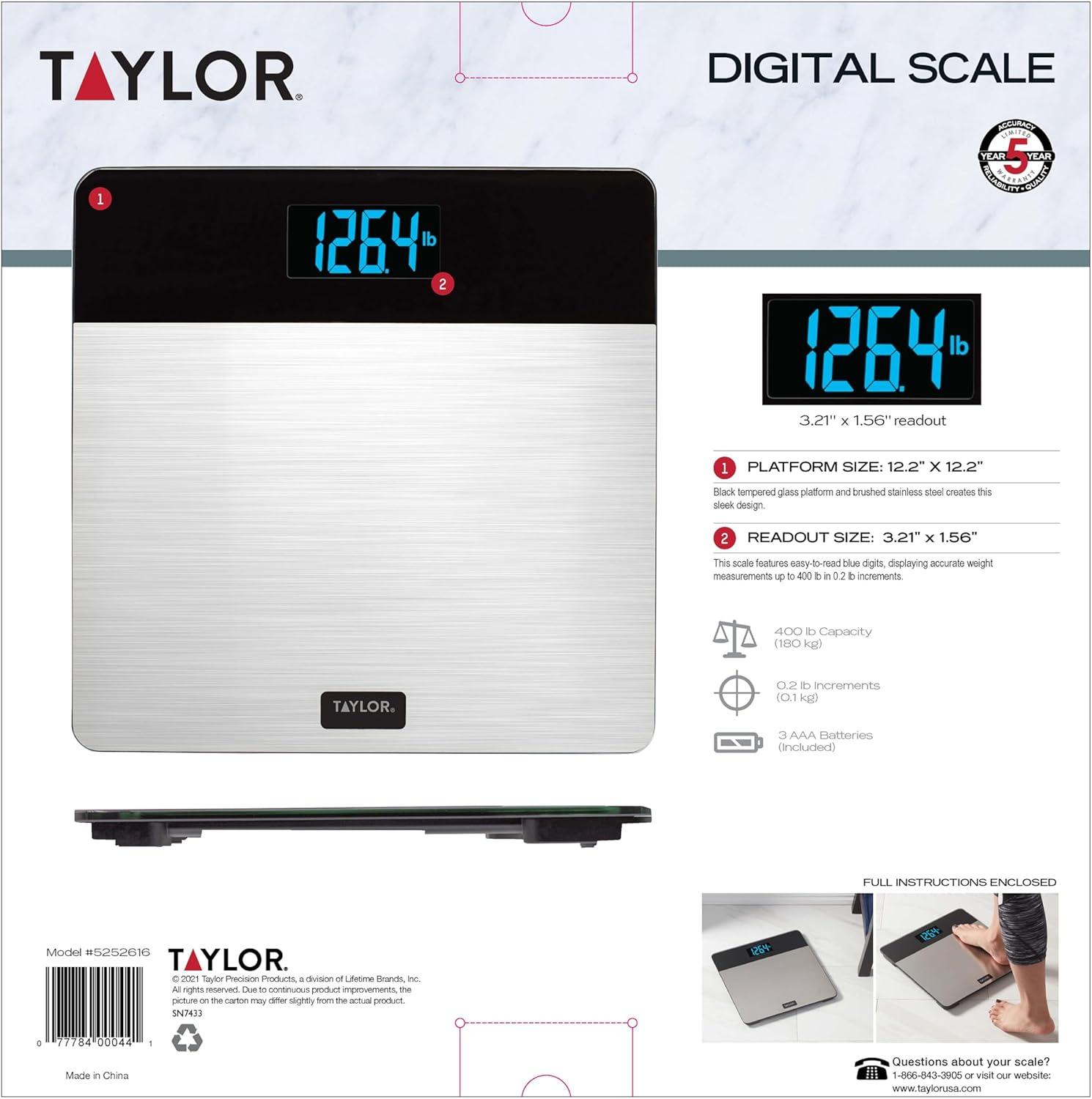 Taylor 12.2" x 12.2" LCD Body Weight Scale Battery Powered, FSA HSA Eligible, 400 lb Capacity, Stainless Steel