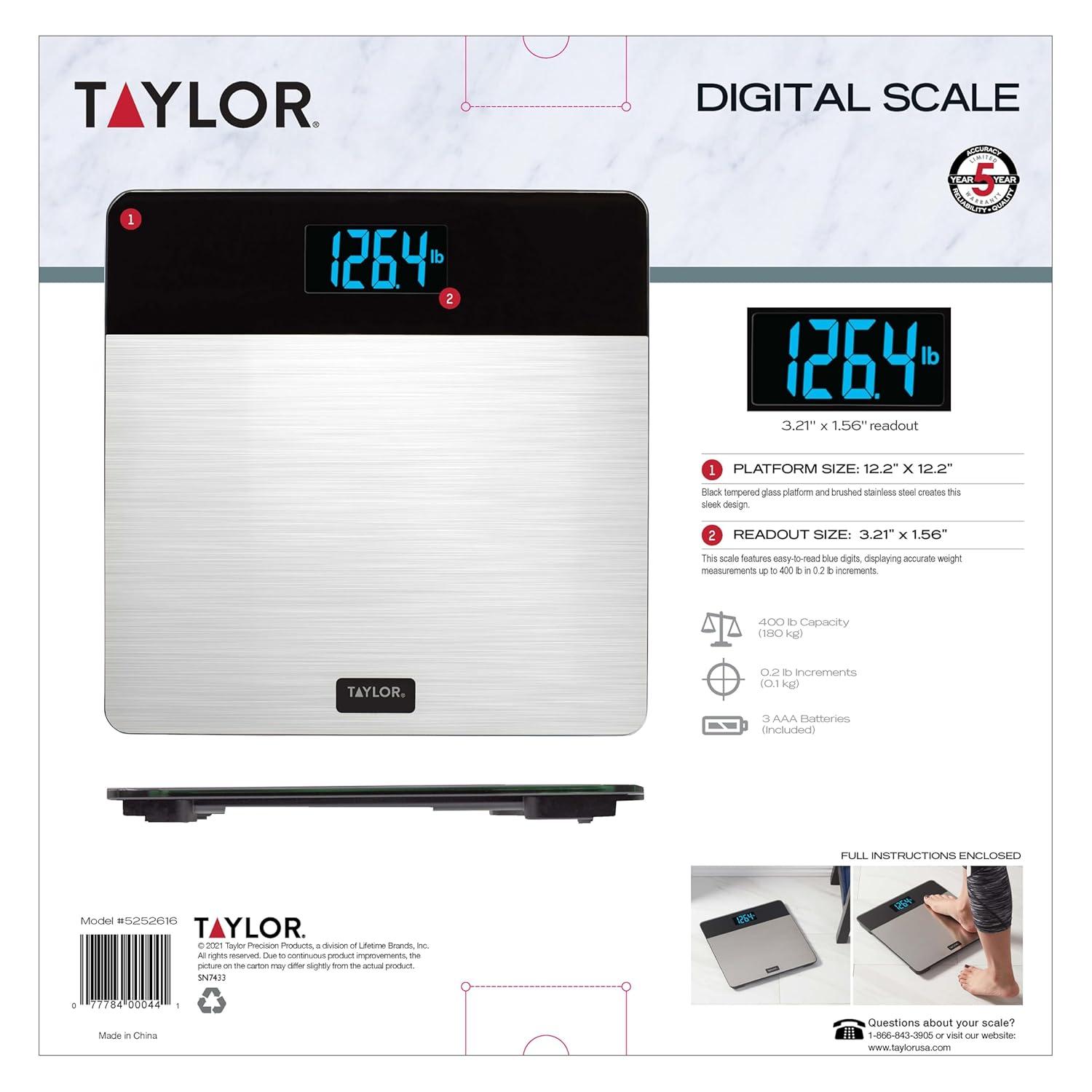 Taylor 12.2" x 12.2" LCD Body Weight Scale Battery Powered, FSA HSA Eligible, 400 lb Capacity, Stainless Steel
