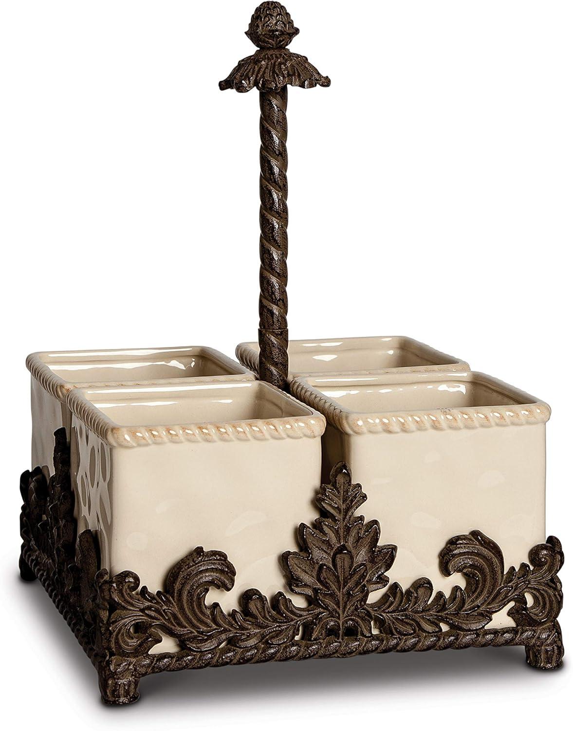 Cream Ceramic Flatware Caddy with Acanthus Leaf Metal Holder