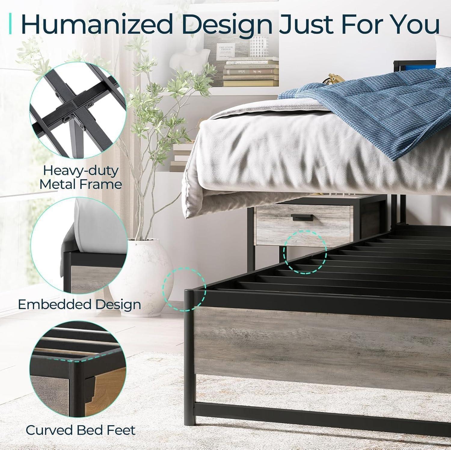 Linsy Home Queen Size Platform Bed Frame with Headboard and 3 Storage Shelves, Metal Bed with Lights, Outlets & USB, Light Grey, Mattress Not Included