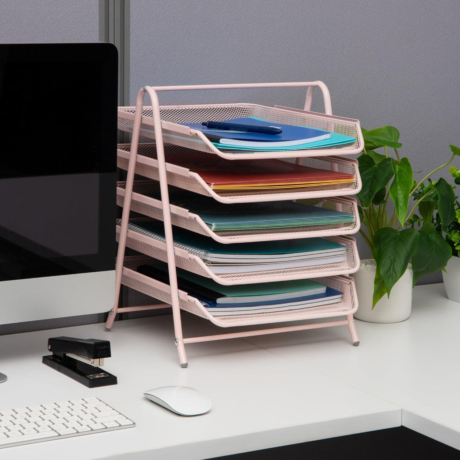 Pink Metal Mesh 5-Tier Letter Tray Organizer