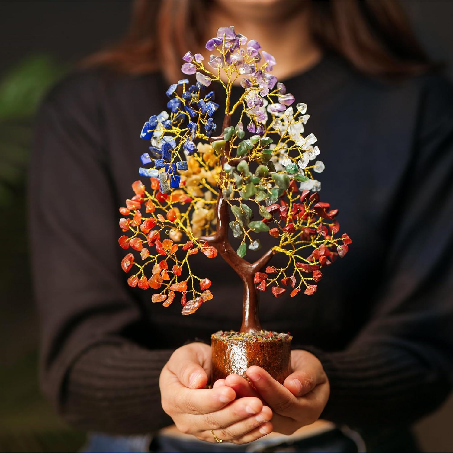 Multicolor Crystal Chakra Tree with Golden Wire