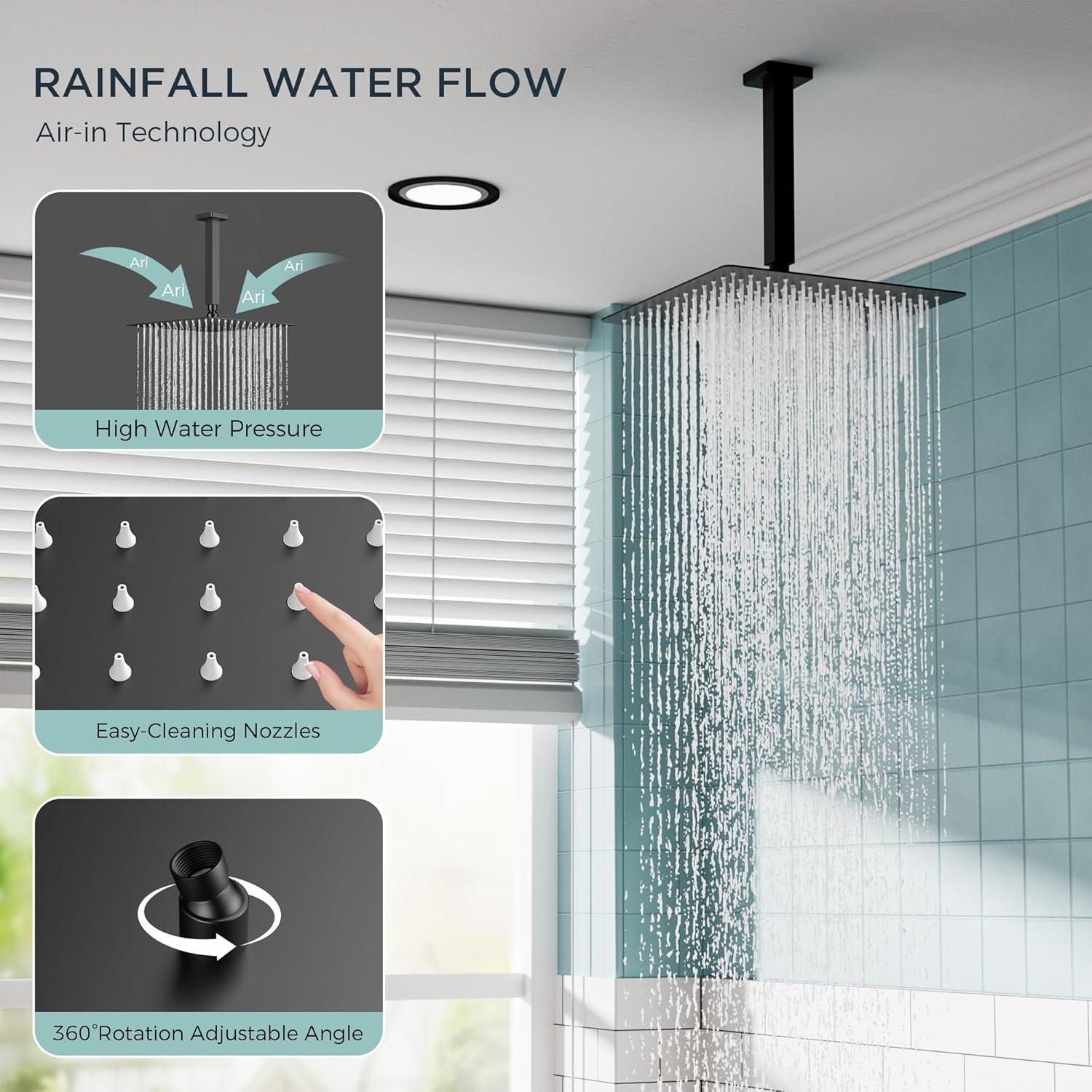 FORIOUS Shower Head System, 10 Inch Rain Shower Faucet Set with Handheld Spray Combo Rough-in Valve, Solid Brass Pressure Balanced Valve Trim Kit, Ceiling Mount, Matte Black